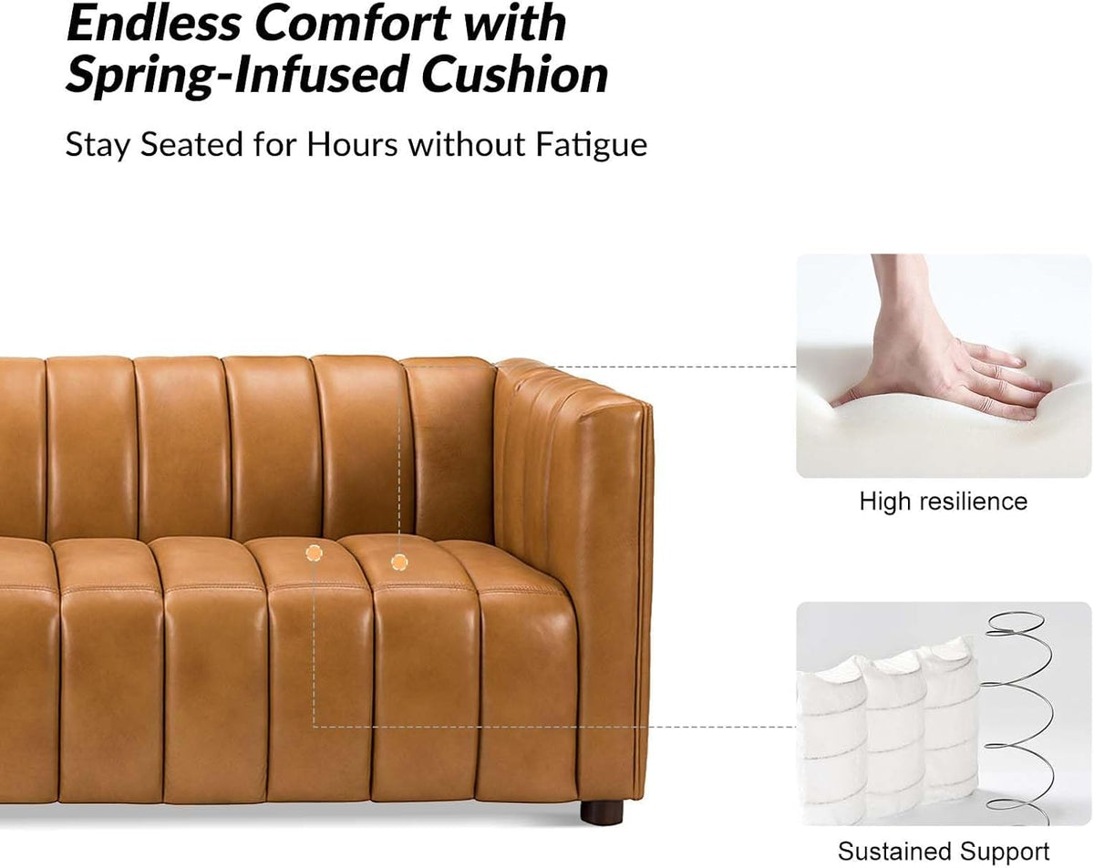 Genuine Leather Sofa, 3-Seater Couch with Channel Tufted Backrest & Wood Legs, Modern Living Room Sofa