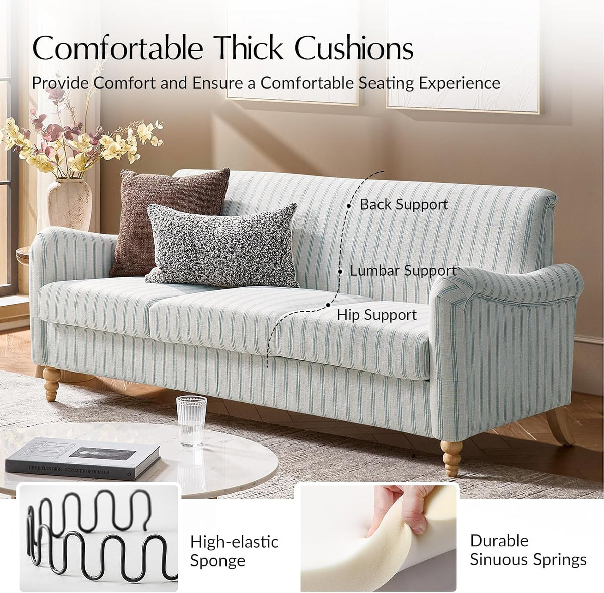 Farmhouse Loveseat, Striped Linen Sofa with Solid Wood Spindle Legs, Small Space Couch for Living Room
