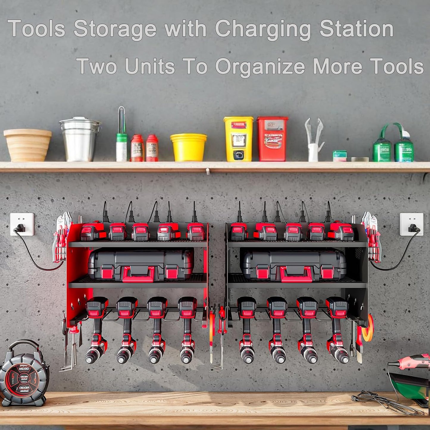 Wall Mount Power Tool Organizer with Charging Station, 8 Outlet Tool Storage Rack with Hooks & Drill Bit Holder