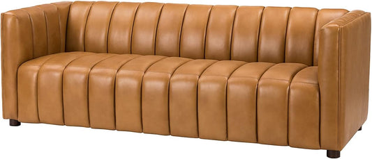 Genuine Leather Sofa, 3-Seater Couch with Channel Tufted Backrest & Wood Legs, Modern Living Room Sofa