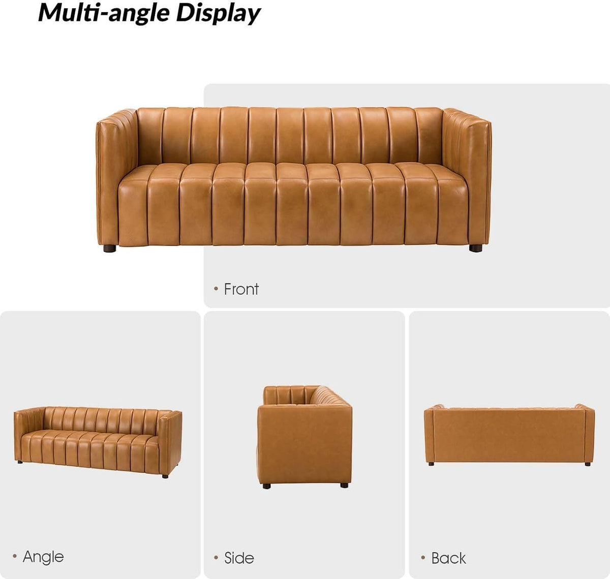 Genuine Leather Sofa, 3-Seater Couch with Channel Tufted Backrest & Wood Legs, Modern Living Room Sofa