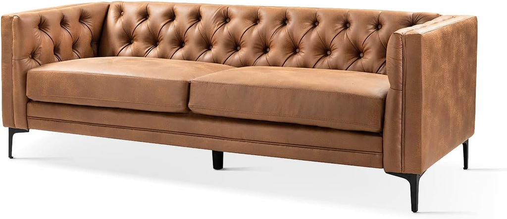 84" Faux Leather Sofa, 3-Seater Mid Century Modern Couch with Tufted Cushions & Metal Legs