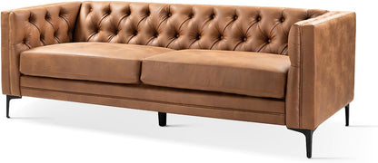 84" Faux Leather Sofa, 3-Seater Mid Century Modern Couch with Tufted Cushions & Metal Legs