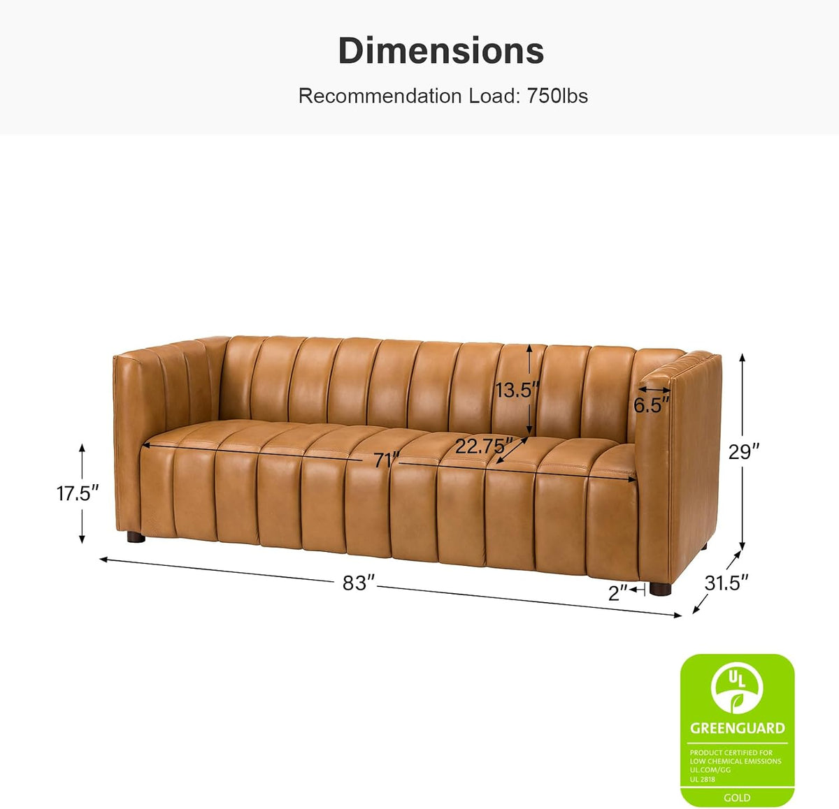 Genuine Leather Sofa, 3-Seater Couch with Channel Tufted Backrest & Wood Legs, Modern Living Room Sofa