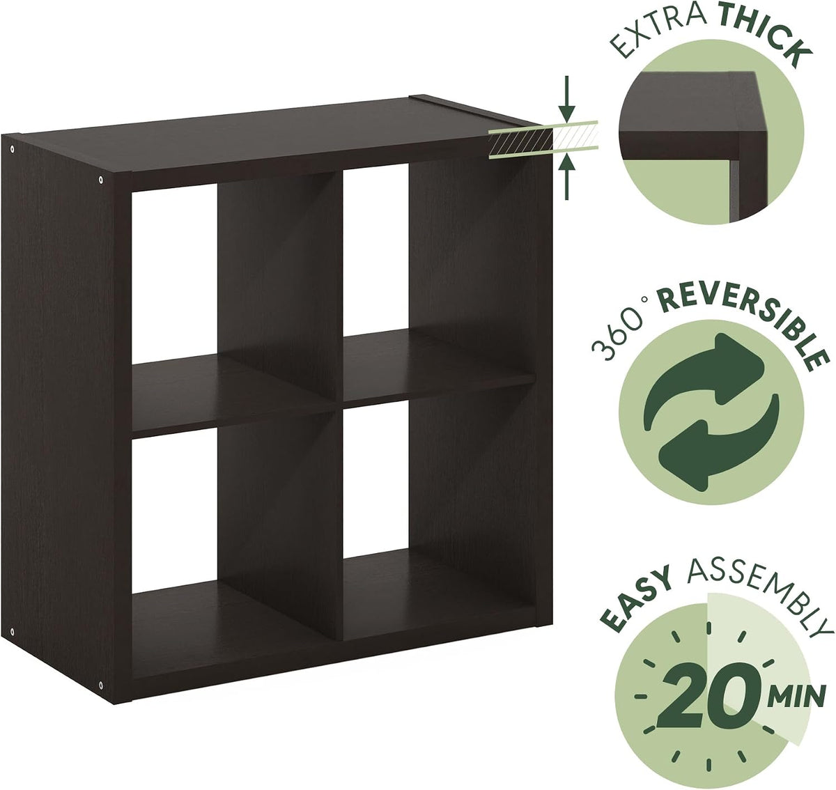 4 Cube Bookcase, Modern Cube Storage Shelf, Thick Frame Open Back Bookshelf for Living Room & Bedroom