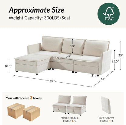 Modular Sectional Sofa with Storage, Oversized Chenille Couch, L Shaped Deep Seat Couch