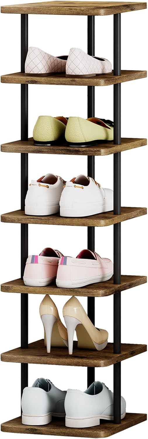 7 Tier Shoe Rack Tower, Narrow Vertical Shoe Organizer, MDF Shoe Storage Shelf for Closet & Entryway