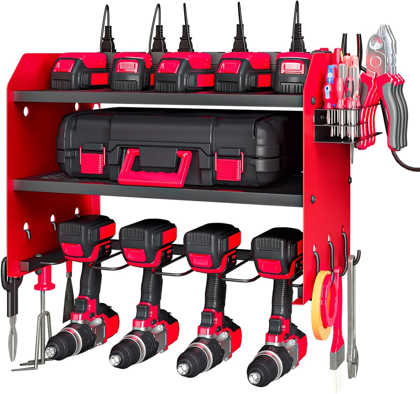 Wall Mount Power Tool Organizer with Charging Station, 8 Outlet Tool Storage Rack with Hooks & Drill Bit Holder