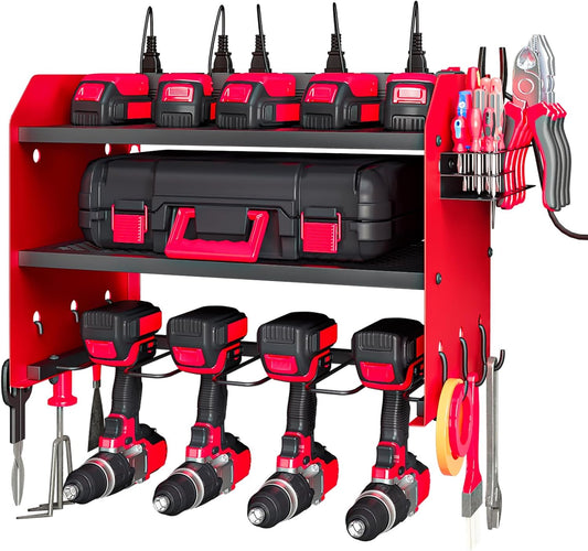 Wall Mount Power Tool Organizer with Charging Station, 8 Outlet Tool Storage Rack with Hooks & Drill Bit Holder