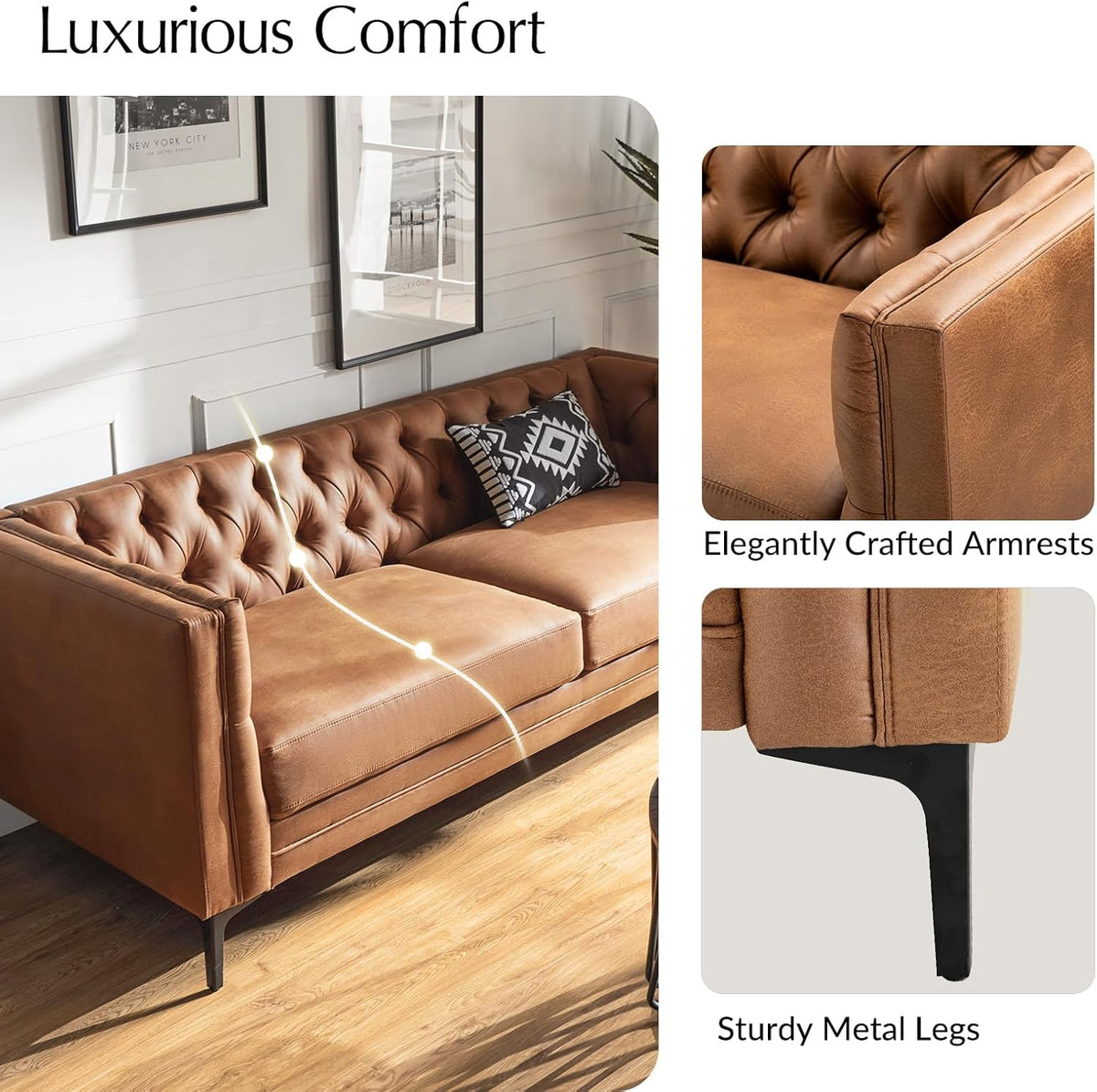 84" Faux Leather Sofa, 3-Seater Mid Century Modern Couch with Tufted Cushions & Metal Legs