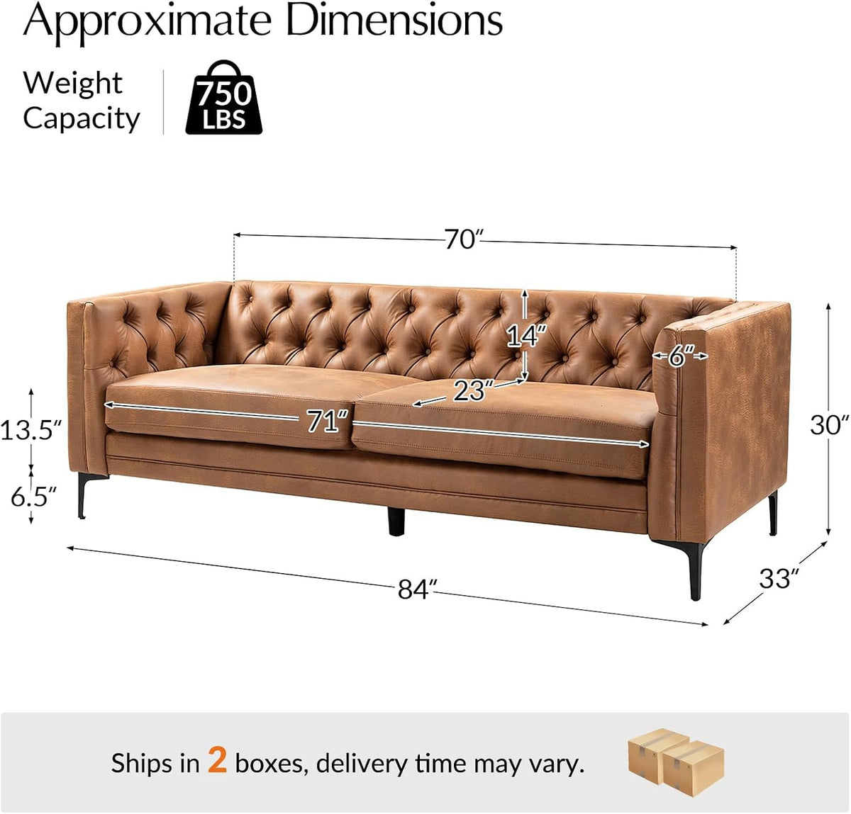 84" Faux Leather Sofa, 3-Seater Mid Century Modern Couch with Tufted Cushions & Metal Legs