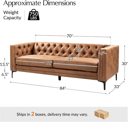 84" Faux Leather Sofa, 3-Seater Mid Century Modern Couch with Tufted Cushions & Metal Legs
