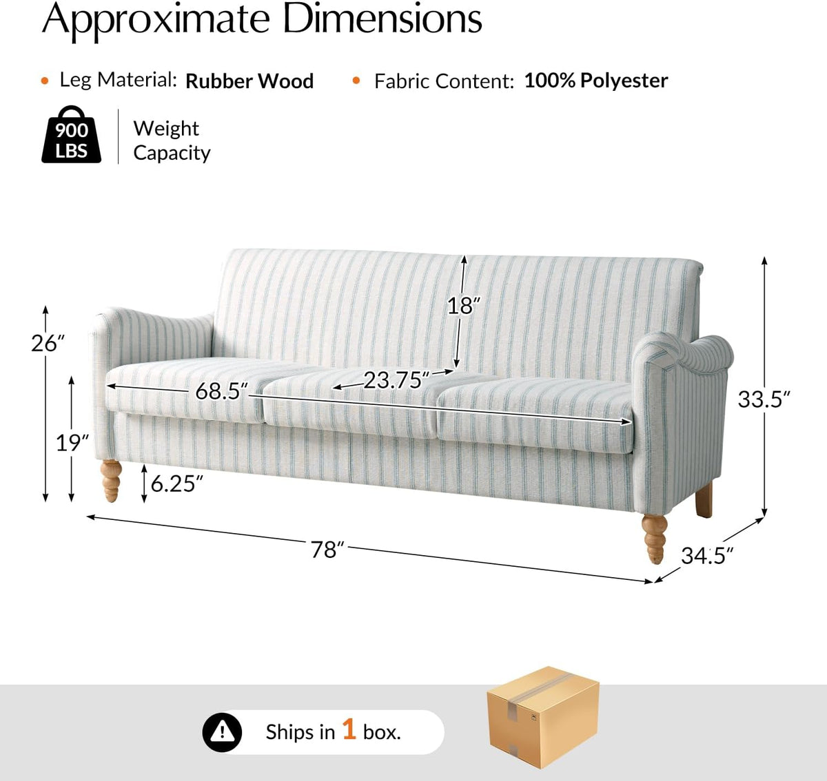 Farmhouse Loveseat, Striped Linen Sofa with Solid Wood Spindle Legs, Small Space Couch for Living Room