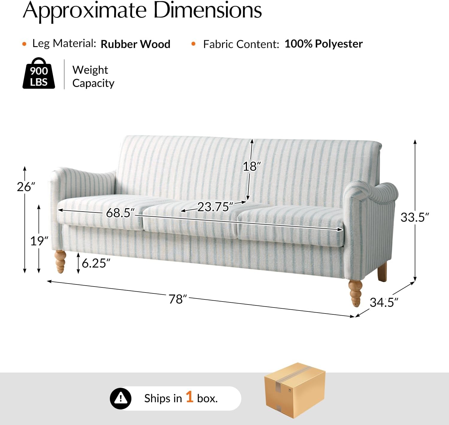 Farmhouse Loveseat, Striped Linen Sofa with Solid Wood Spindle Legs, Small Space Couch for Living Room