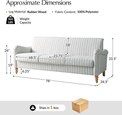 Farmhouse Loveseat, Striped Linen Sofa with Solid Wood Spindle Legs, Small Space Couch for Living Room