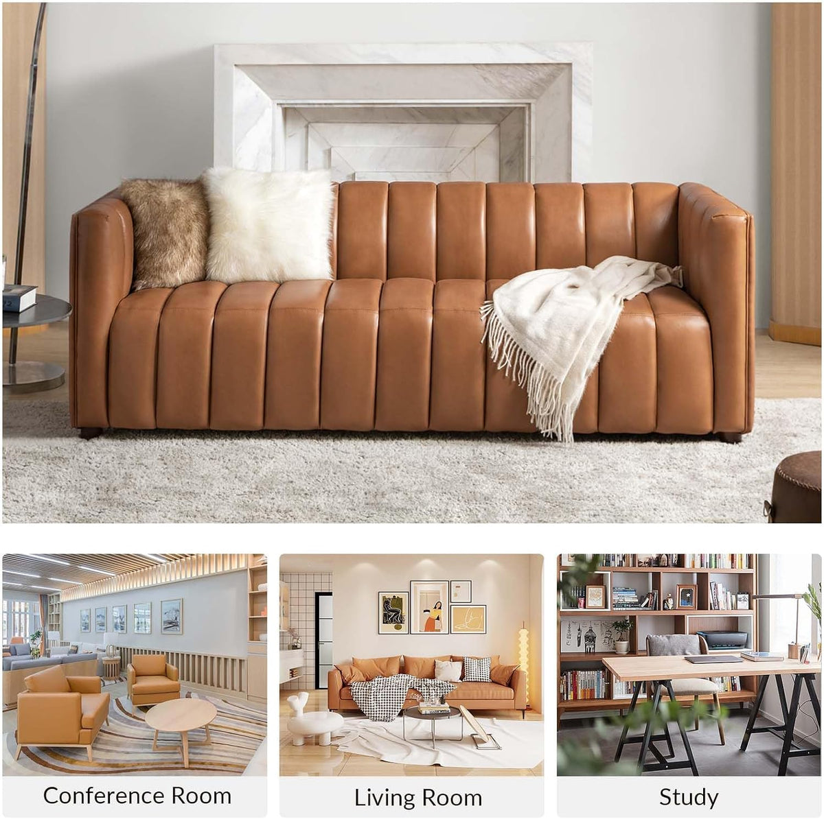 Genuine Leather Sofa, 3-Seater Couch with Channel Tufted Backrest & Wood Legs, Modern Living Room Sofa