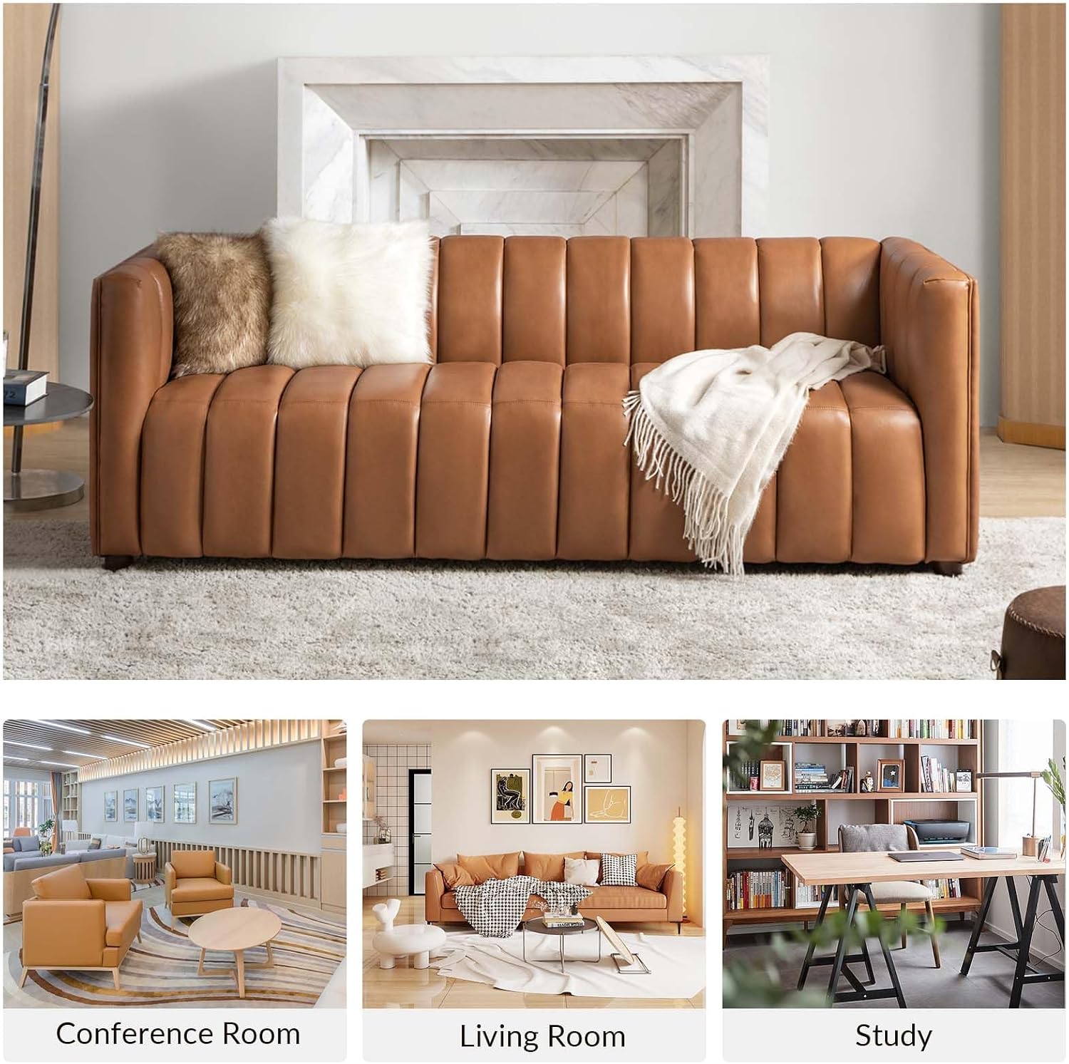 Genuine Leather Sofa, 3-Seater Couch with Channel Tufted Backrest & Wood Legs, Modern Living Room Sofa