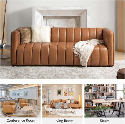 Genuine Leather Sofa, 3-Seater Couch with Channel Tufted Backrest & Wood Legs, Modern Living Room Sofa