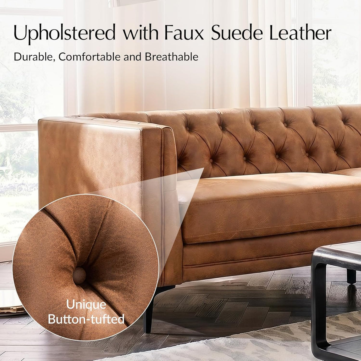 84" Faux Leather Sofa, 3-Seater Mid Century Modern Couch with Tufted Cushions & Metal Legs