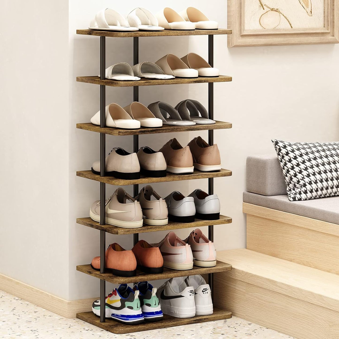 7 Tier Shoe Rack Organizer, Narrow Vertical Shoe Storage Shelf, MDF Shoe Tower for Entryway & Closet