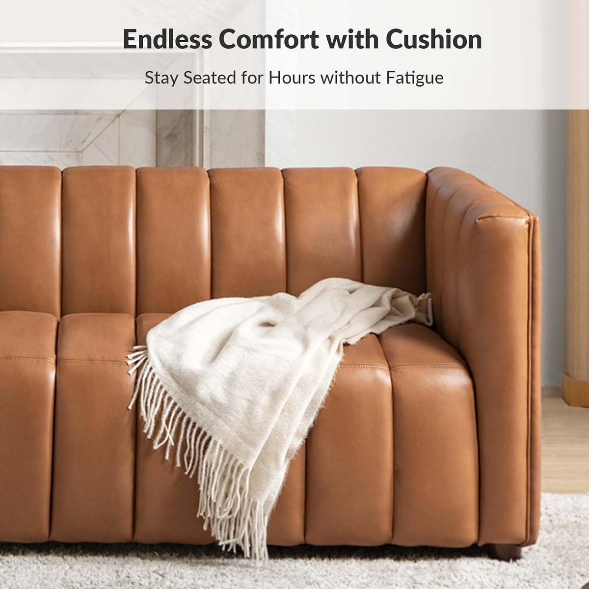 Genuine Leather Sofa, 3-Seater Couch with Channel Tufted Backrest & Wood Legs, Modern Living Room Sofa