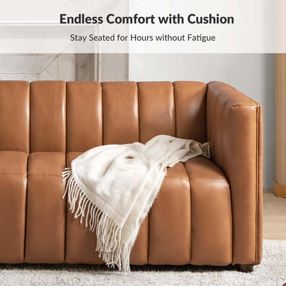 Genuine Leather Sofa, 3-Seater Couch with Channel Tufted Backrest & Wood Legs, Modern Living Room Sofa