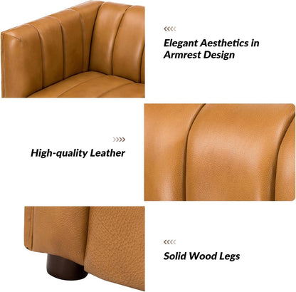 Genuine Leather Sofa, 3-Seater Couch with Channel Tufted Backrest & Wood Legs, Modern Living Room Sofa