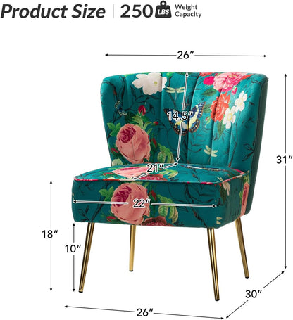Floral Accent Chair, Upholstered Armless Slipper Chair with Gold Metal Legs, Modern Living Room Chair