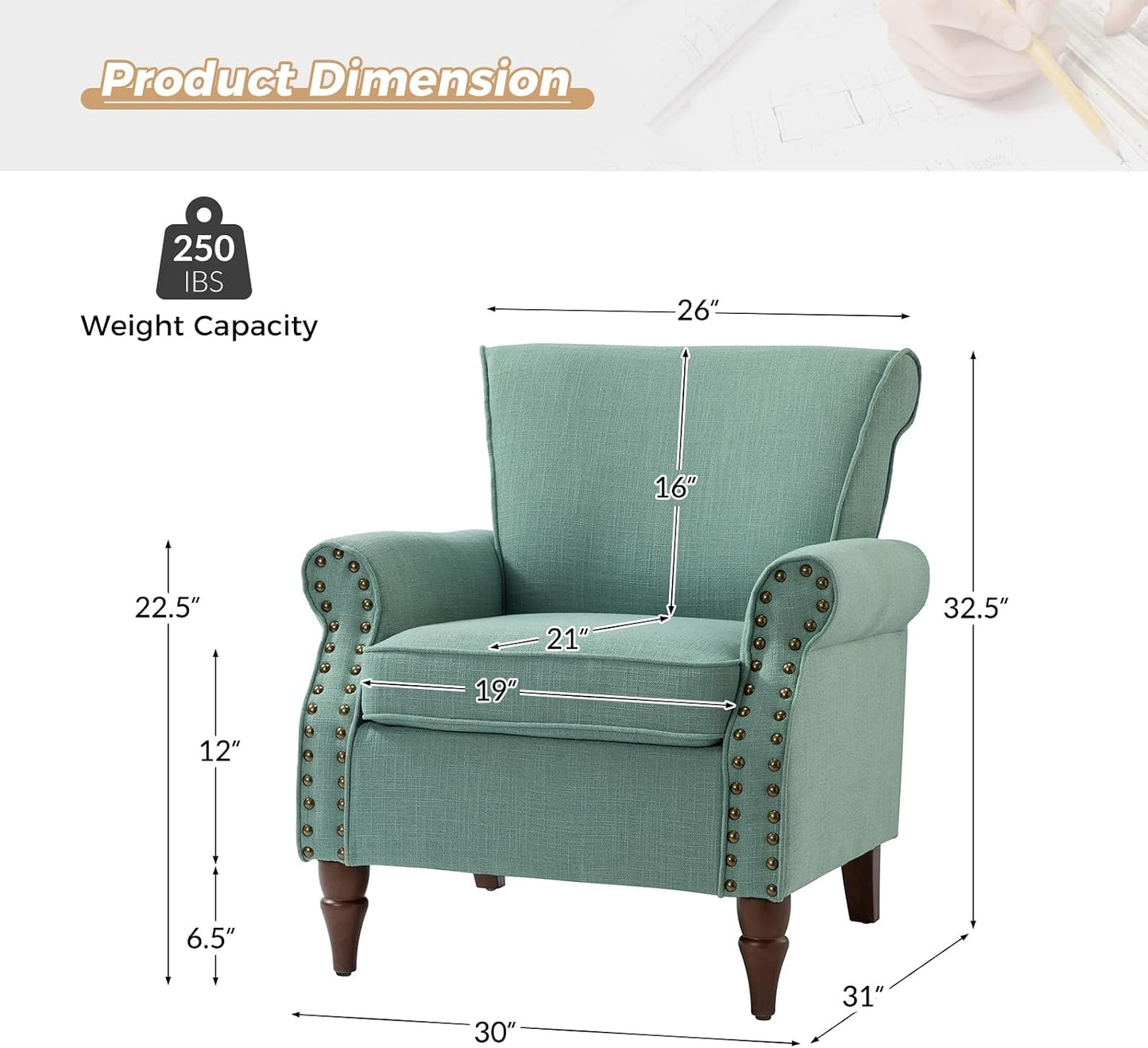 Oversized Accent Chair, Upholstered Armchair with Curved Arms & Nailhead Trim, Modern Living Room Lounge Chair