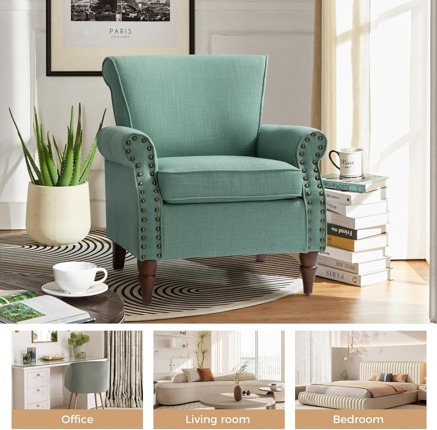 Oversized Accent Chair, Upholstered Armchair with Curved Arms & Nailhead Trim, Modern Living Room Lounge Chair