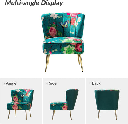Floral Accent Chair, Upholstered Armless Slipper Chair with Gold Metal Legs, Modern Living Room Chair