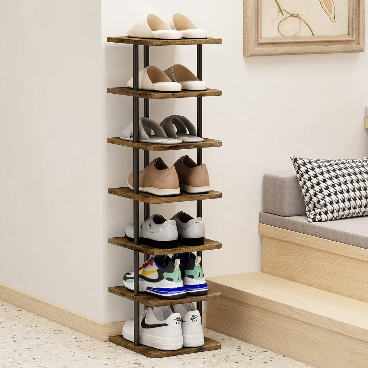 7 Tier Shoe Rack Tower, Narrow Vertical Shoe Organizer, MDF Shoe Storage Shelf for Closet & Entryway