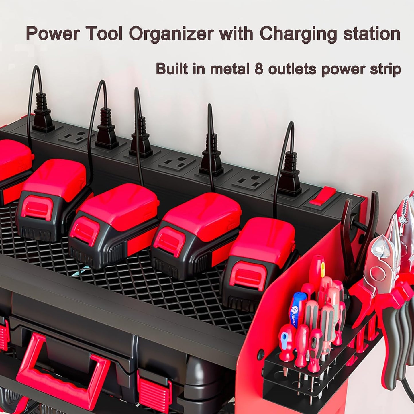 Wall Mount Power Tool Organizer with Charging Station, 8 Outlet Tool Storage Rack with Hooks & Drill Bit Holder