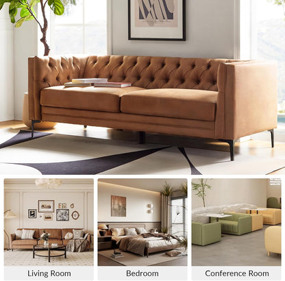 84" Faux Leather Sofa, 3-Seater Mid Century Modern Couch with Tufted Cushions & Metal Legs