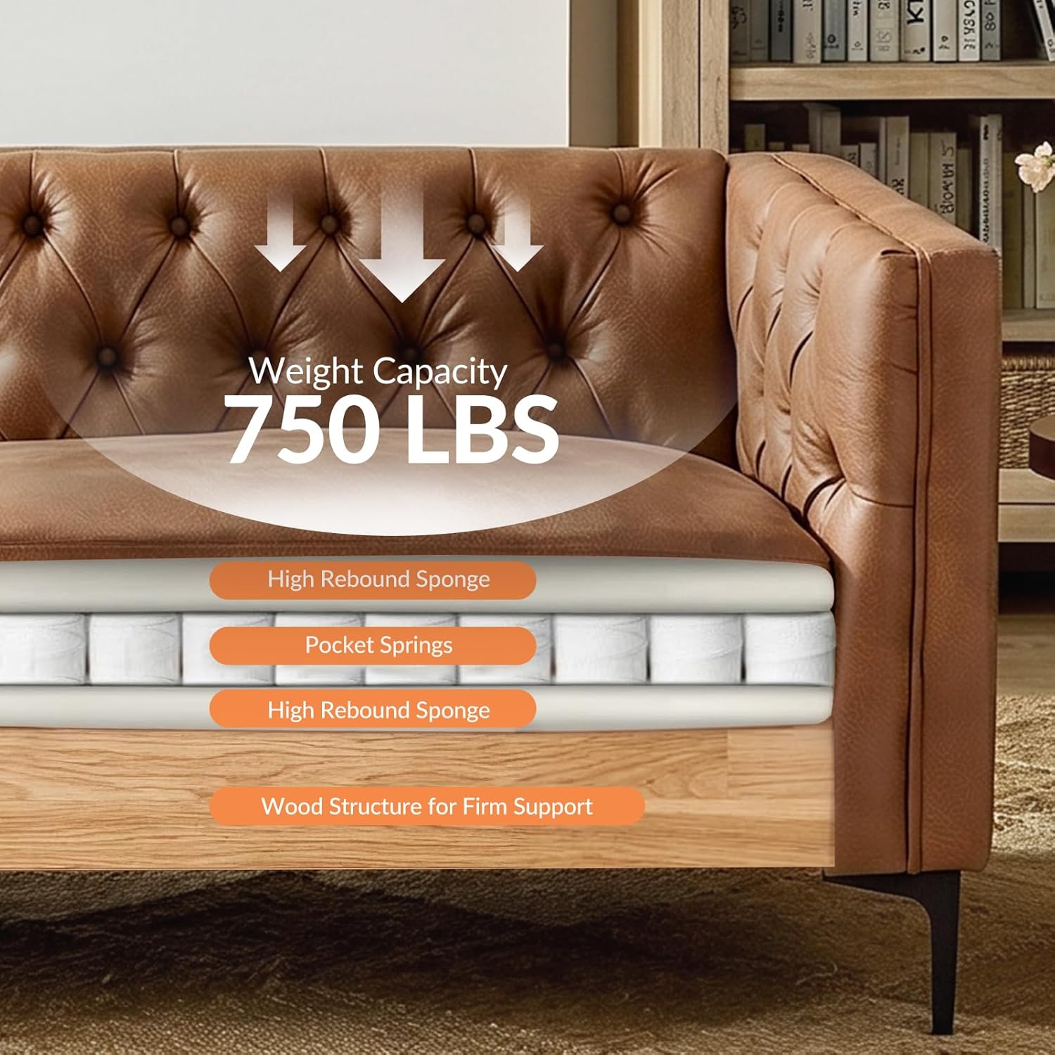 84" Faux Leather Sofa, 3-Seater Mid Century Modern Couch with Tufted Cushions & Metal Legs