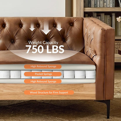 84" Faux Leather Sofa, 3-Seater Mid Century Modern Couch with Tufted Cushions & Metal Legs