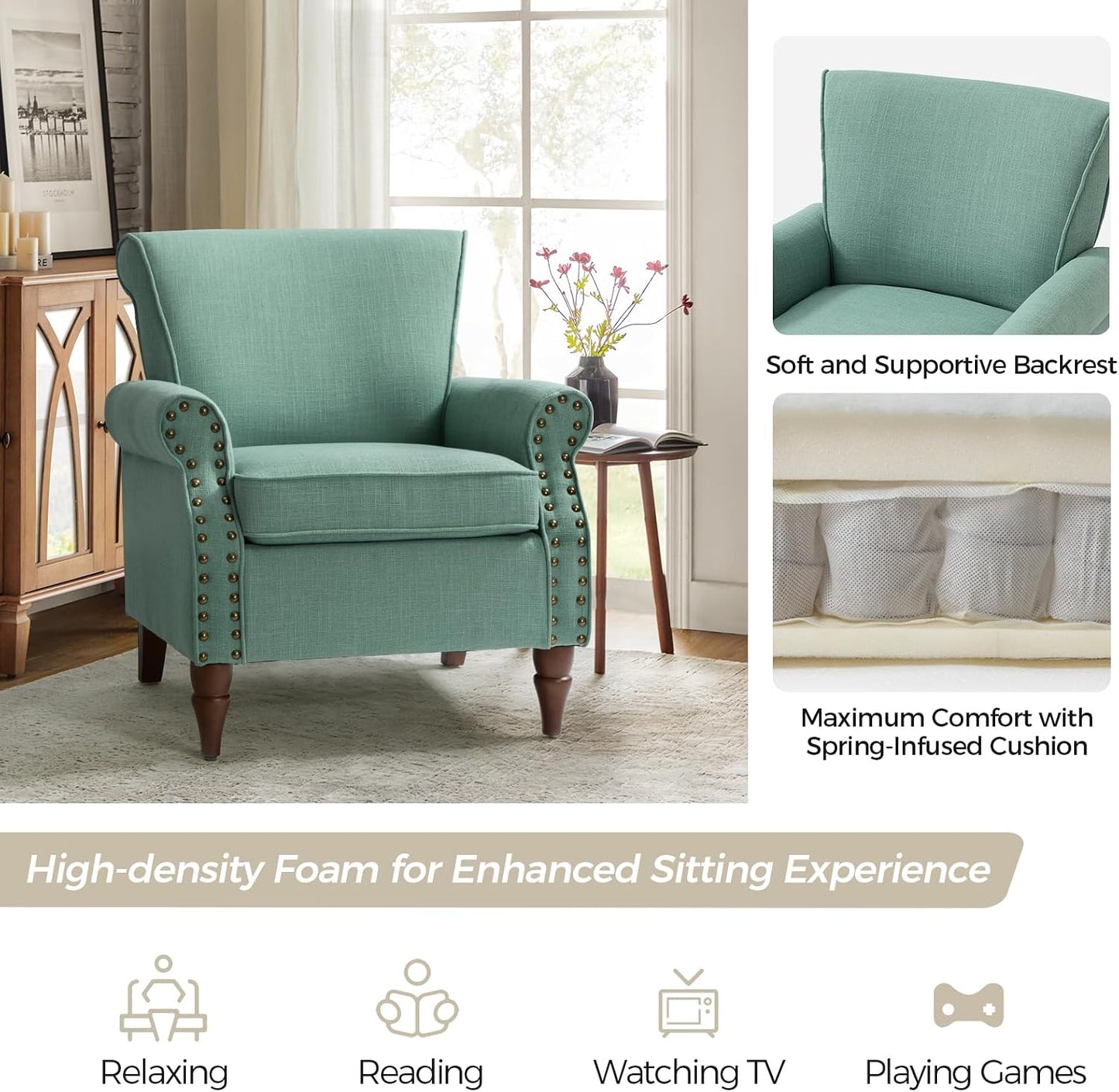 Oversized Accent Chair, Upholstered Armchair with Curved Arms & Nailhead Trim, Modern Living Room Lounge Chair