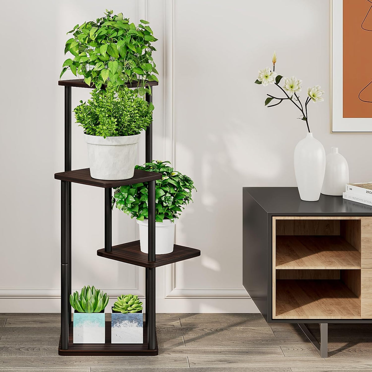 4 Tier Plant Stand Indoor, Metal Flower Rack with MDF Shelves, Corner Plant Shelf for Living Room