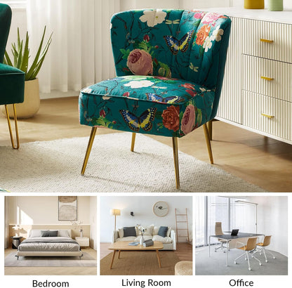 Floral Accent Chair, Upholstered Armless Slipper Chair with Gold Metal Legs, Modern Living Room Chair