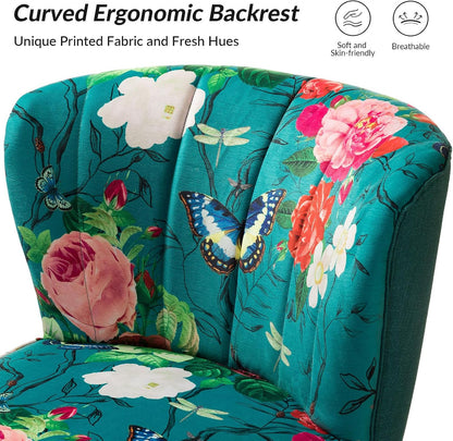 Floral Accent Chair, Upholstered Armless Slipper Chair with Gold Metal Legs, Modern Living Room Chair