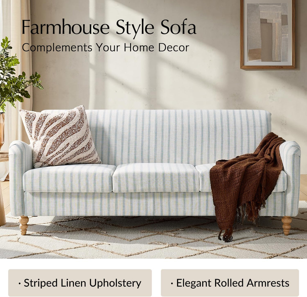 Farmhouse Loveseat, Striped Linen Sofa with Solid Wood Spindle Legs, Small Space Couch for Living Room