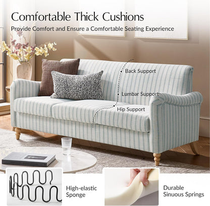 Farmhouse Loveseat, Striped Linen Sofa with Solid Wood Spindle Legs, Small Space Couch for Living Room