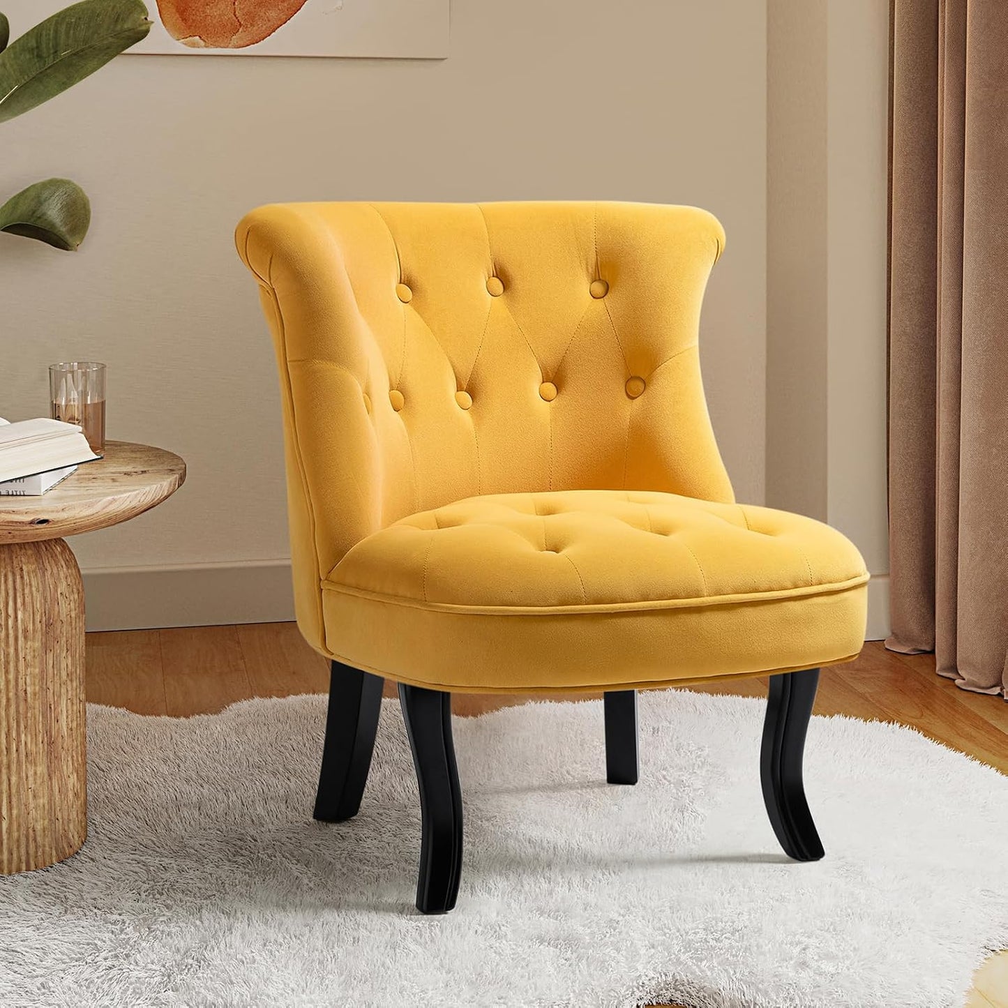 Velvet Accent Chair, Small Upholstered Armchair with Wood Legs, Modern Comfy Lounge Chair for Bedroom & Living Room