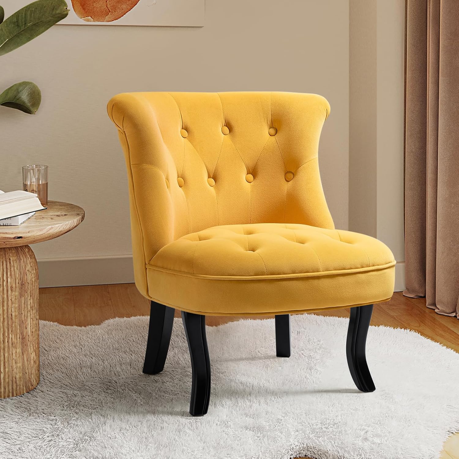 Velvet Accent Chair, Small Upholstered Armchair with Wood Legs, Modern Comfy Lounge Chair for Bedroom & Living Room