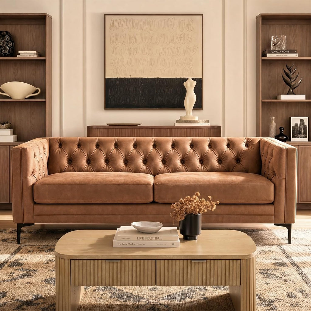 84" Faux Leather Sofa, 3-Seater Mid Century Modern Couch with Tufted Cushions & Metal Legs