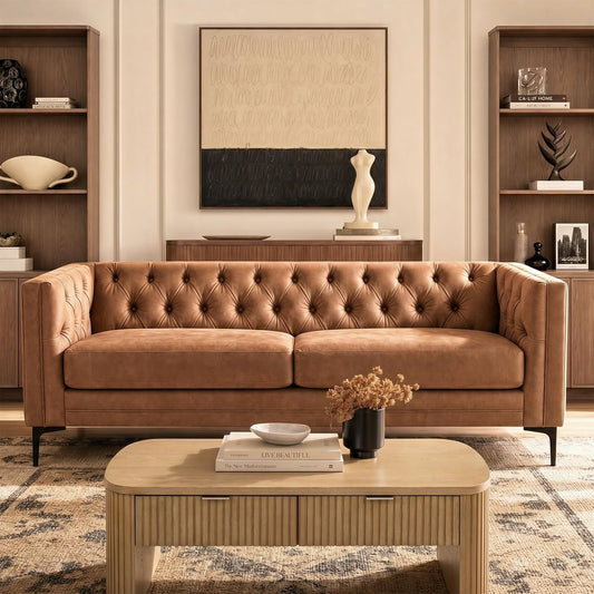84" Faux Leather Sofa, 3-Seater Mid Century Modern Couch with Tufted Cushions & Metal Legs