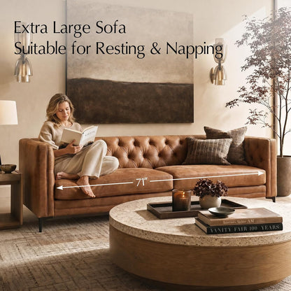 84" Faux Leather Sofa, 3-Seater Mid Century Modern Couch with Tufted Cushions & Metal Legs