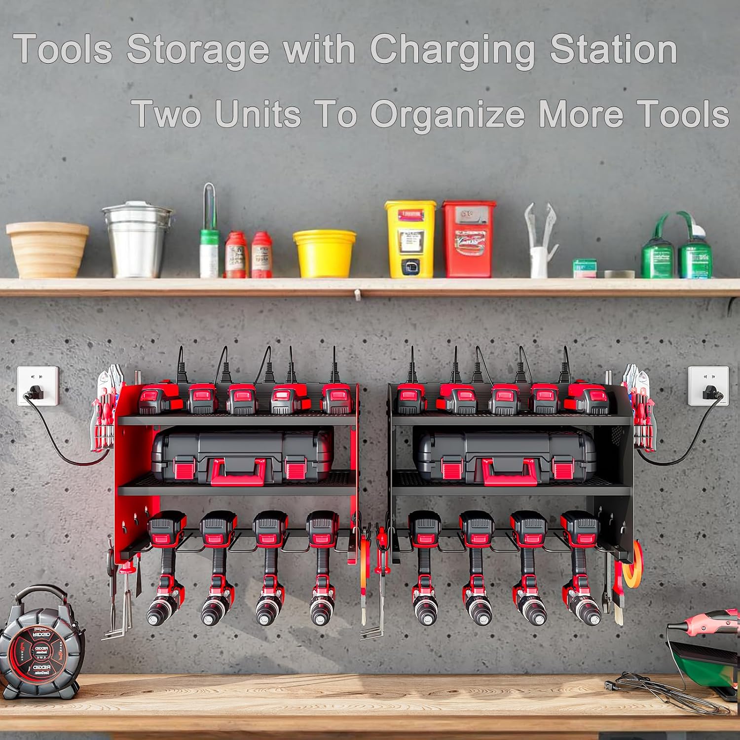 Wall Mount Power Tool Organizer with Charging Station, 8 Outlet Tool Storage Rack with Hooks & Drill Bit Holder