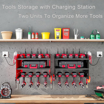 Wall Mount Power Tool Organizer with Charging Station, 8 Outlet Tool Storage Rack with Hooks & Drill Bit Holder