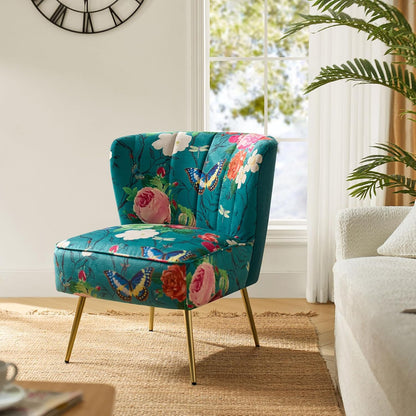 Floral Accent Chair, Upholstered Armless Slipper Chair with Gold Metal Legs, Modern Living Room Chair